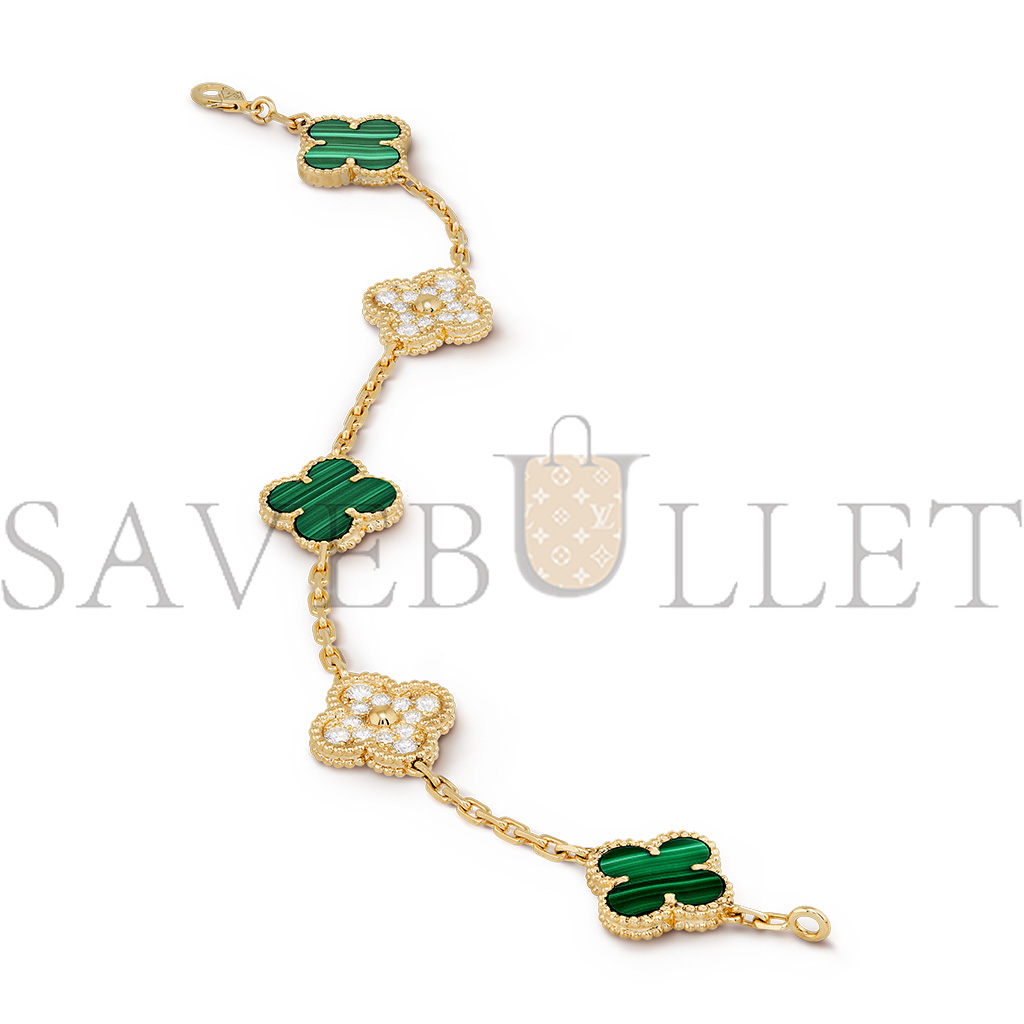 VAN CLEEF ARPELS VINTAGE ALHAMBRA BRACELET, 5 MOTIFS - YELLOW GOLD, DIAMOND, MALACHITE  VCARO7GQ00